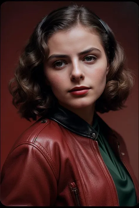 photo of (ibrgmn:0.99), a beautiful woman, (closeup portrait), perfect hair upsweep updo, (modern photo, Neon Pink Faux leather biker jacket with metallic accents and a cropped length), 24mm, (analog, cinematic, film grain:1.3), (An old, ivy-covered stone castle:1.2), detailed eyes, (seductive pose), (epicPhoto), (looking at viewer), jewelry