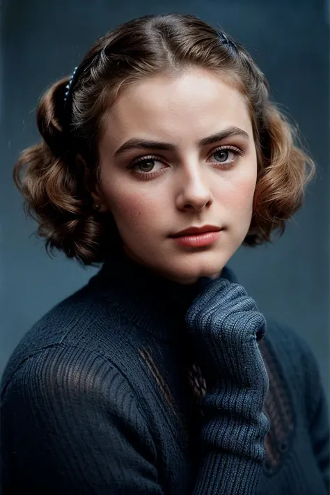 photo of (ibrgmn:0.99), a beautiful woman, (closeup portrait), perfect hair upsweep updo, (vintage photo, Camel Lace knit gloves), 24mm, ((tintype)), (analog, cinematic, film grain:1.3), ((plain Cetacean Blue background, gradient:1.2)), detailed eyes, (seductive pose), (epicPhoto), (looking at viewer), (cinematic shot:1.3)