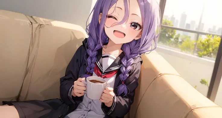 A girl lying on a couch with one hand on her head, the other holding a cup of coffee, in a room, indoors,
(dutch angle:1.3), ((forehead)), petite,
1girl, solo, braid, (((wink))), happy face, smile, open mouth, brown eyes, twin braids, hair between eyes, purple hair, hair over shoulder, blurry background, long hair, school uniform, outdoors, sailor collar, skirt, night, hood, bangs, coat, facing viewer, serafuku, open clothes, long sleeves, ribbon, neck ribbon, shirt, pleated skirt, open coat <lora:yaotomeUrushiFromSoredemo_v10:0.75>