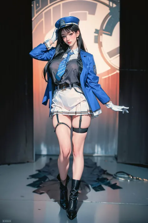 1girl,solo,medium breasts,outdoors,<lora:GoodHands-beta2:1>,(full body:1.2),(thigh gap:1.2),<lora:0191 Dieselâs infinite rail_v1:0.9>,ruanyi0191,belt,blue jacket,blue necktie,blue shirt,garter straps,hat,high heel boots,pleated skirt,see-through,thong,white gloves,, (masterpiece, best quality, hires, high resolution:1.2), (extremely detailed, realistic, intricate details, highres), 3d, cg, bbw, shiny skin, , blush,, eyeliner, eyeshadow, eyelashes,, (gigantic breasts, saggy breasts:1.1), (cinematic lighting, sunlight, volumetric), looking at viewer, simple red background, vintage fantasy, 1960s \(style\), film grain,