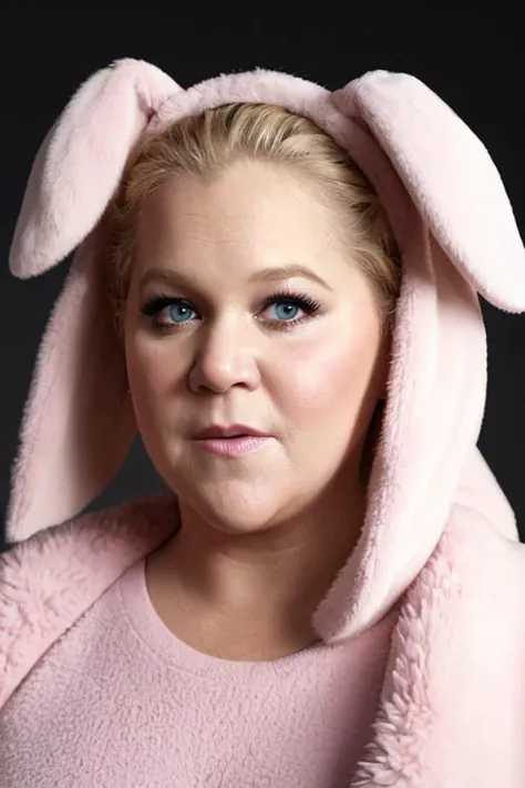 Masterpiece, best quality, promo photo of a amy5chu wearing a fluffy pastel bunny costume and staring <set restore_faces>1</set>, (closeup:1.4), skin texture