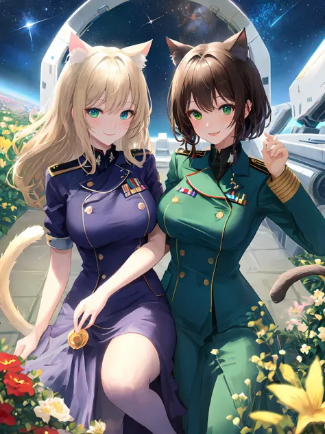 2 KAWAII cat girls. space port, flower garden, Bluesky,  smile.  Sci-fi Military Marine's Dress Blues. machine.
dark blond hair, hair 
Medium hair, 
green eyes eye,  detailed eyes.
best quality. ultra detailed. .
