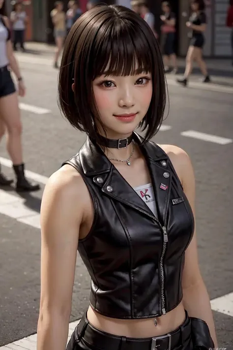 1girl, amon noa, ryu ga gotoku, yakuza, short hair, blunt bangs, black hair, bob cut, jewelry, choker, brown eyes, lips, sleeveless collared black vest, black shorts, boots, on sotenbori streets, (smile:1.3), laugh, cute, kawaii, looking at viewer, detailed face, detailed skin, rounded eyes, (((best quality, masterpiece))), (((extremely detailed))), (8k resolution), ((realistic)), colorful, RAW photo, cinematic lighting, best quality, 8k uhd, realistic, (unreal engine), <lora:Amon Noa:0.8>