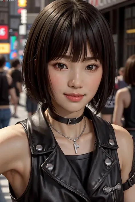 1girl, amon noa, ryu ga gotoku, yakuza, short hair, bangs, black hair, bob cut, jewelry, choker, brown eyes, lips, sleeveless black vest, black shorts, boots, on sotenbori streets, (smile:1.3), laugh, cute, kawaii, looking at viewer, detailed face, detailed skin, rounded eyes, (((best quality, masterpiece))), (((extremely detailed))), (8k resolution), ((realistic)), colorful, RAW photo, cinematic lighting, best quality, 8k uhd, realistic, (unreal engine), <lora:Amon Noa:0.8>