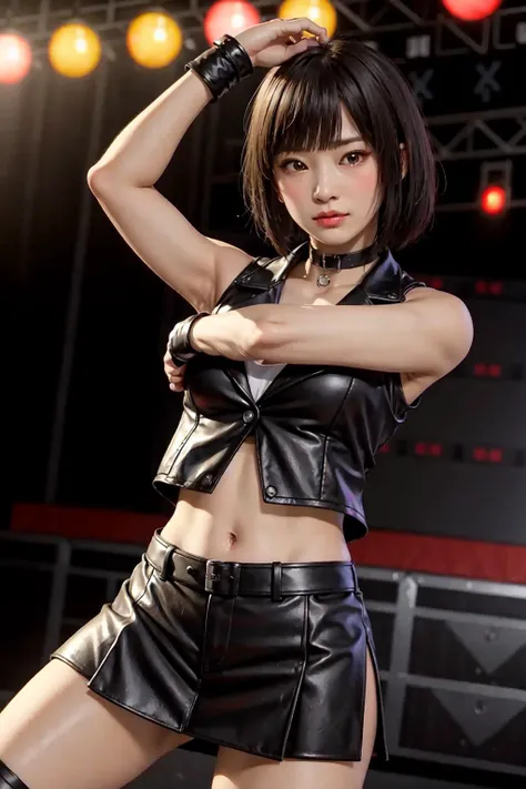 1girl, solo, amon noa, ryu ga gotoku, yakuza, black hair, short hair, bangs, bob cut, brown eyes, lips, choker, black collared vest, sleeveless vest, long fingerless gloves, frilled skirt, high boots, singing, live stage, idol, dancing, microphone, (((best quality, masterpiece))), (((extremely detailed))), (8k resolution), ((realistic)), colorful, RAW photo, cinematic lighting, best quality, 8k uhd, realistic, (unreal engine), <lora:Amon Noa:0.8>