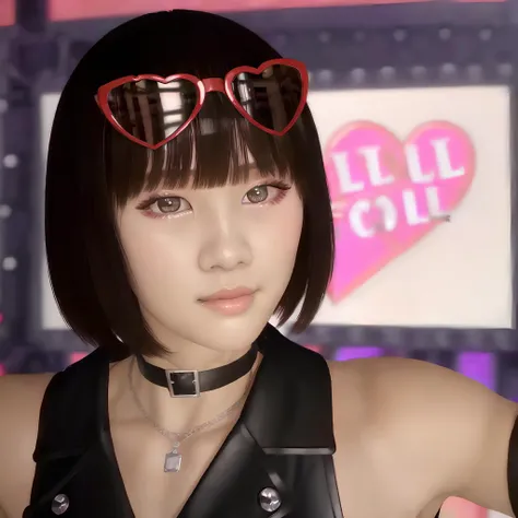 masterpiece, best quality, highest quality, perfect , perfect face, perfect eyes, smug  <lora:Amon Noa:1> amon noa, ryu ga gotoku, yakuza, on pink idol bg, (smile:1.3), cute, kawaii, looking at viewer, detailed face, detailed skin, rounded eyes, (((best quality, masterpiece))), (((extremely detailed))), (8k resolution), ((realistic)), colorful, RAW photo, cinematic lighting, best quality, 8k uhd, realistic, cute, full body, black hair, short hair, bangs, bob cut, brown eyes, lips, choker, black collared vest, sleeveless vest, long fingerless gloves, frilled skirt, high boots, singing, live stage, idol, dancing, japanese girl, 1girl, bangs, black_hair, bob_cut, choker, closed_mouth, eyewear_on_head, glasses, goggles, goggles_on_head, idol_concert_background, lips, looking_at_viewer, necklace, nose, realistic, red-framed_eyewear, short_hair, solo, sunglasses, teen asian, red heart shaped glasses, (red_heart_shaped_glasses)