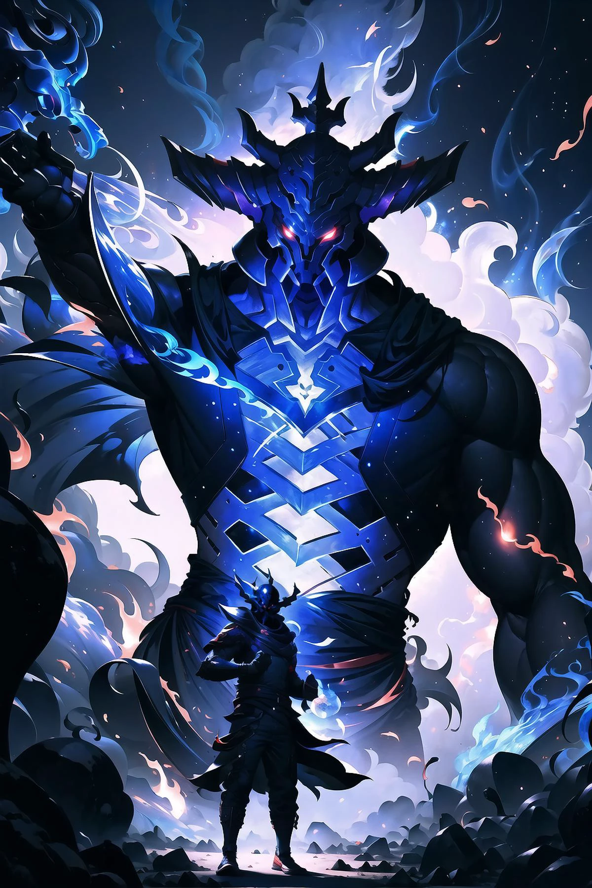 Highly detailed, High Quality, Masterpiece, beautiful, Vaseraga, helmet, <lora:Vaseraga:0.8>, 1boy, susanoo, ((inside a glowing giant)), aura surrounding, glowing eyes, smoke, flare, electricity, plasma, <lora:Pos_Susanoo:1>