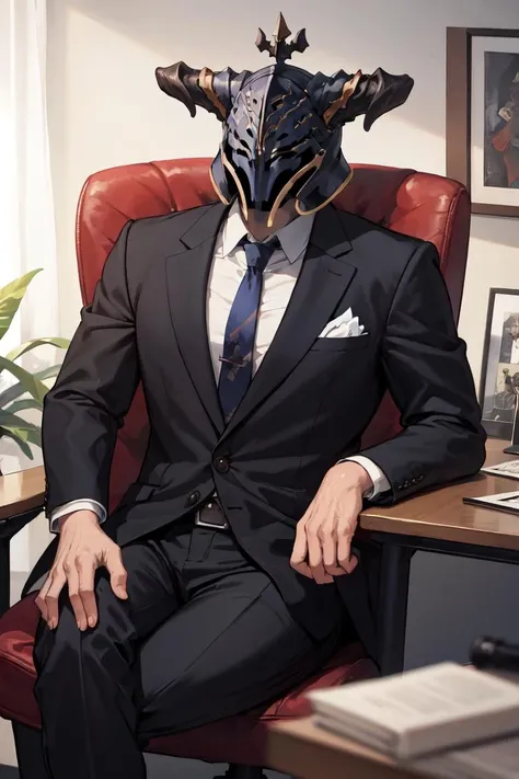 masterpiece, best quality, absurdres, 1boy, solo, Vaseraga, helmet, formal, black suit, collared shirt, necktie, sitting, indoors, office, chair, <lora:Vaseraga:0.8>