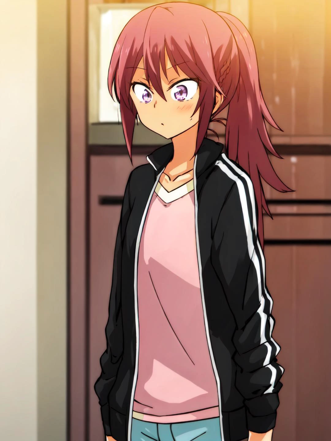 masterpiece, best quality,
vivid colors,
<lora:kindred_spirits_v5:0.9> kd_vnstyle
1girl , (solo),
<lora:UrukaV1:0.5> URUKA, PINK HAIR, PURPLE EYES,DARK SKIN, AHOGE, SHORT HAIR, PONYTAIL, SHORT PONYTAIL, TANLINES,