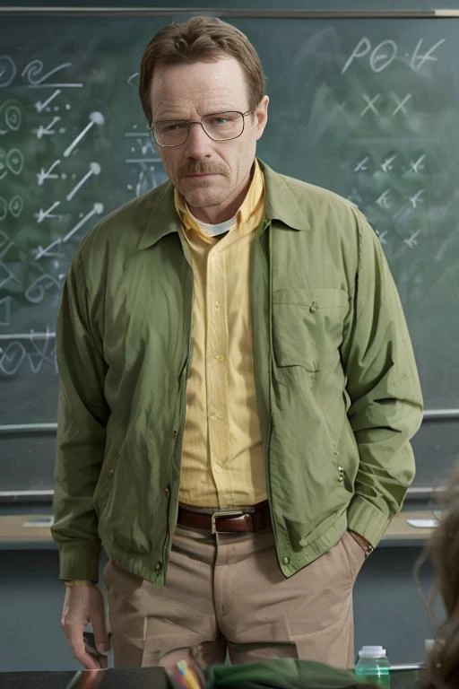 Portrait of Waltuh S1 <lora:Waltuh S1 V1:0.6>, glasses, middle aged man, green clothes, looking at a blackboard, dramatic, realistic, talking, classroom, high quality, 4k, film grain, indoors, tv show, Walter White