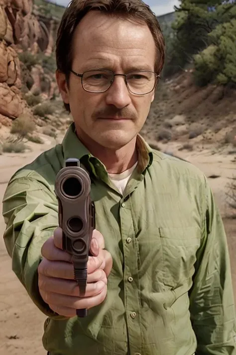 Portrait of Waltuh S1 <lora:Waltuh S1 V1:0.7>, glasses, middle aged man, green shirt, dramatic, realistic, neutral expression, holding onto a revolver, high quality, 4k, film grain, outdoors, tv show