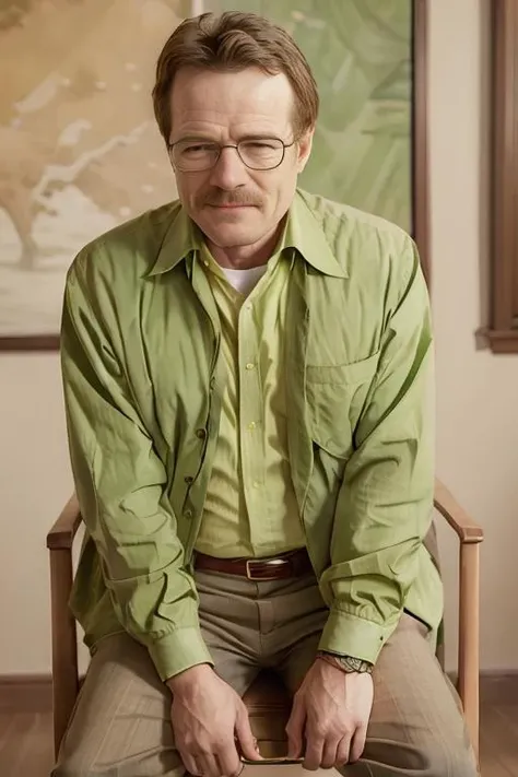 Portrait of Waltuh S1 <lora:Waltuh S1 V1:0.6>, glasses, middle aged man, green clothes, sitting on a chair, dramatic, realistic, smile, high quality, 4k, film grain, indoors, tv show, Walter White