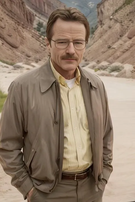 Portrait of Waltuh S1 <lora:Waltuh S1 V1:0.6>, glasses, middle aged man, suit and tie, dramatic, realistic, smile, high quality, 4k, film grain, outdoors, tv show, Walter White