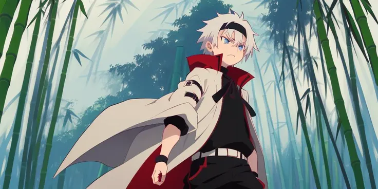 masterpiece, best quality, (style Disgaea:0.5 | <lora:idatenstyle-any3-2-000016:0.7>), (((1 subject))), (((1 male young adult))), clear light blue eyes, shounen, swepted back spikey (gray) hair, (((single front strand of hair))), manly jaw, confident, (calm and cold glare), (eyebrows down), assassin, (ninja training), (((loose clothing))), ((black headband)), black short sleeve ninja gi, (zipped up coat), (((loose) short pants)), black heavy military boots, ((large reversed blade parallel and connected to (left armguard))), (head facing right), facing right, (looking into the distance), (((bamboo forest at (night))))