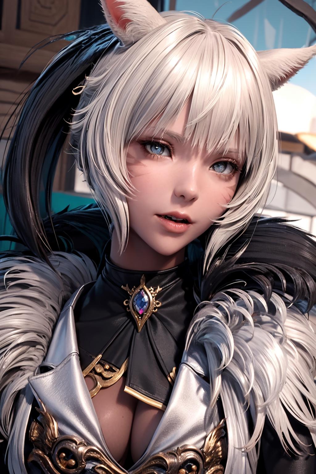 A close up of a woman with a cat ears and a cat tail - SeaArt AI