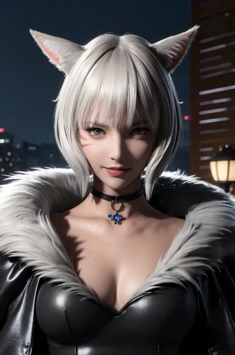 (8k, RAW photo, best quality, masterpiece:1.2), (masterpiece),(best quality:1.3),(ultra detailed:1.2),(highres:1.1), (extremely detailed CG), best quality, ultra-detailed, beautiful, , {{{1 girl}}},mature female,miqo'te, medium breasts, sweating,(grey_eyes:1.3),white_hair,short hair, choker, solo, cat ears, cat tail, naughty face, see-through,, slit pupils, shiny skin, looking at viewer, neck_tattoo,facial_mark, fur_coat, fur_cape,,night, moonlights, depth of field, black mage, witch,gem, upper body,deep shadow, dark skin, <lora:Y shtola Rhul_20230626015810:0.7>