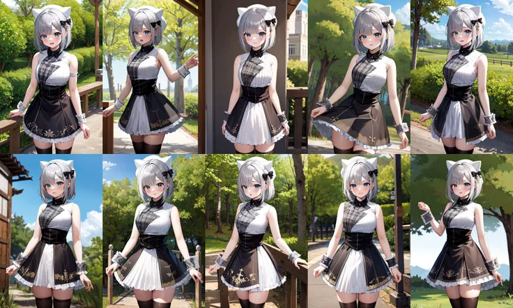 masterpiece, best quality, highres, 1girl, aasumire, short hair, grey hair, hair bow, black bow, hair ornament, hat, white headwear, fake animal ears, sleeveless, white shirt, wrist cuffs, high-waist skirt, black thighhighs, <lora:kaga_sumire_v1:0.7>, outdoors, standing, cowboy shot
