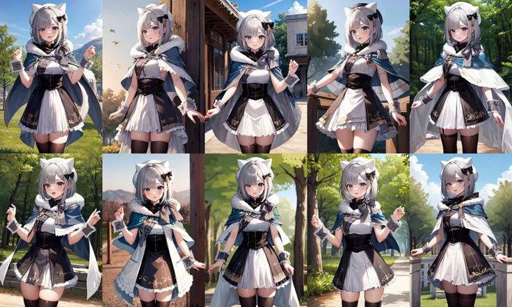 masterpiece, best quality, highres, 1girl, aasumire, short hair, grey hair, hair bow, black bow, hair ornament, hat, white headwear, fake animal ears, capelet, fur trim, white shirt, wrist cuffs, high-waist skirt, black thighhighs, <lora:kaga_sumire_v1:0.7>, standing, cowboy shot, outdoors