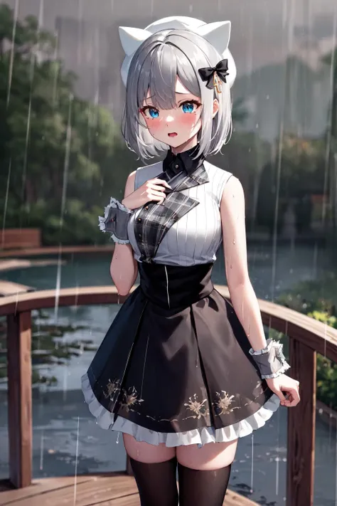 masterpiece, best quality, highres, 1girl, aasumire, short hair, grey hair, hair bow, black bow, hair ornament, hat, white headwear, fake animal ears, sleeveless, white shirt, wrist cuffs, high-waist skirt, black thighhighs, <lora:kaga_sumire_v1:0.7>, bridge, water, standing, (rain:1.2), night, (wet:1.1), tears