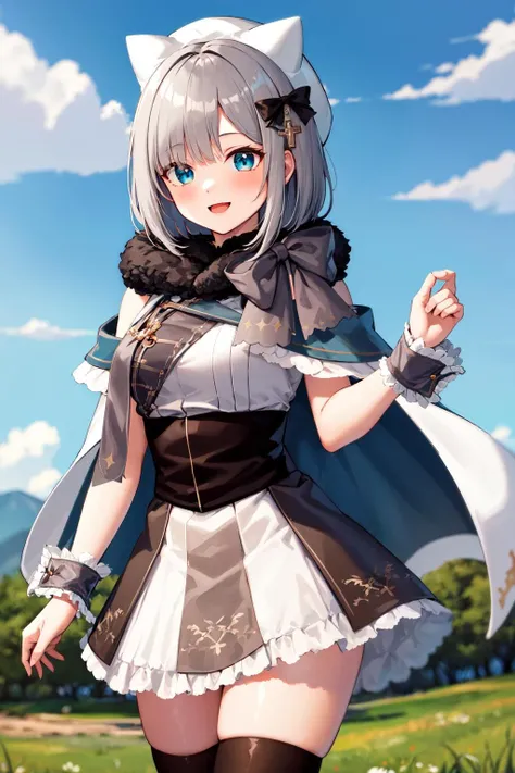 masterpiece, best quality, highres, 1girl, aasumire, short hair, grey hair, hair bow, black bow, hair ornament, hat, white headwear, fake animal ears, capelet, fur trim, white shirt, wrist cuffs, high-waist skirt, black thighhighs, <lora:kaga_sumire_v1:0.7>, standing, cowboy shot, outdoors, smile