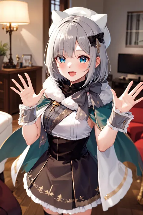masterpiece, best quality, highres, 1girl, aasumire, short hair, grey hair, hair bow, black bow, hair ornament, hat, white headwear, fake animal ears, capelet, fur trim, white shirt, wrist cuffs, high-waist skirt, black thighhighs, <lora:kaga_sumire_v1:0.7>, waving, living room, smile, open mouth,