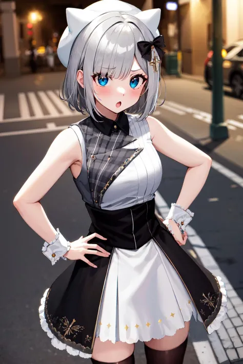 masterpiece, best quality, highres, 1girl, aasumire, short hair, grey hair, hair bow, black bow, hair ornament, hat, white headwear, fake animal ears, sleeveless, white shirt, wrist cuffs, high-waist skirt, black thighhighs, <lora:kaga_sumire_v1:0.7>, hand on hip, street, :o, frown