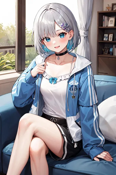 masterpiece, best quality, highres, 1girl, bbsumire, short hair, grey hair, multicolored hair, hairclip, earrings, choker, collarbone, white camisole, blue jacket, open clothes, long sleeves, black shorts, short shorts, <lora:kaga_sumire_v1:0.7>, indoors, living room, sitting, smile, sofa, crossed legs, bare legs,