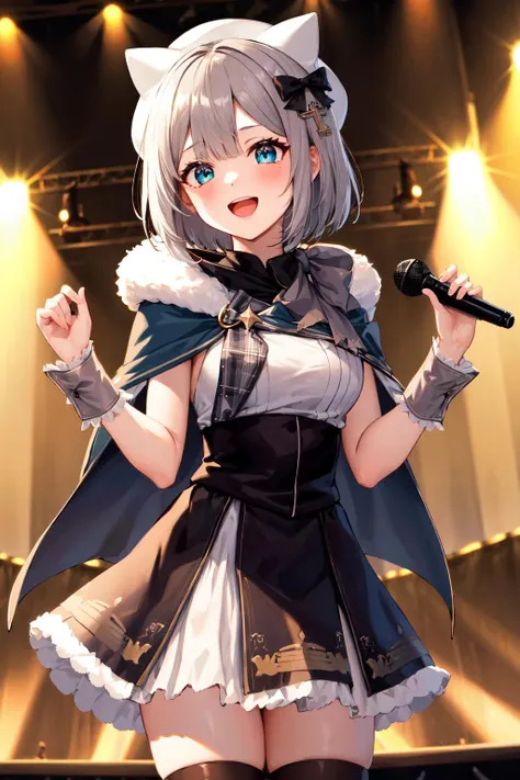 masterpiece, best quality, highres, 1girl, aasumire, short hair, grey hair, hair bow, black bow, hair ornament, hat, white headwear, fake animal ears, capelet, fur trim, white shirt, wrist cuffs, high-waist skirt, black thighhighs, <lora:kaga_sumire_v1:0.7>, standing, cowboy shot, stage, holding microphone, smile, open mouth,