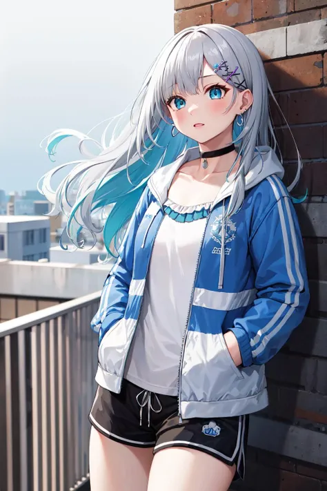masterpiece, best quality, highres, 1girl, bbsumire, long hair, grey hair, multicolored hair, hairclip, earrings, choker, collarbone, white camisole, blue jacket, open clothes, long sleeves, black shorts, short shorts, <lora:kaga_sumire_v1:0.7>, hands in pockets, from side, rooftop, blue sky, wind, standing