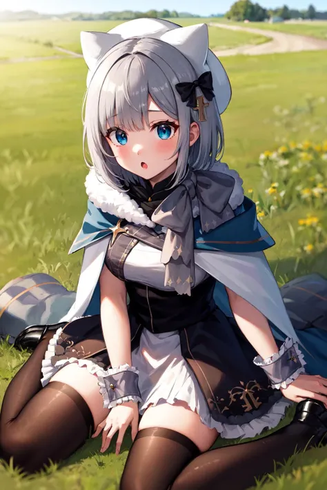 masterpiece, best quality, highres, 1girl, aasumire, short hair, grey hair, hair bow, black bow, hair ornament, hat, white headwear, fake animal ears, capelet, fur trim, white shirt, wrist cuffs, high-waist skirt, black thighhighs, <lora:kaga_sumire_v1:0.7>, :o. wariza, field, sitting