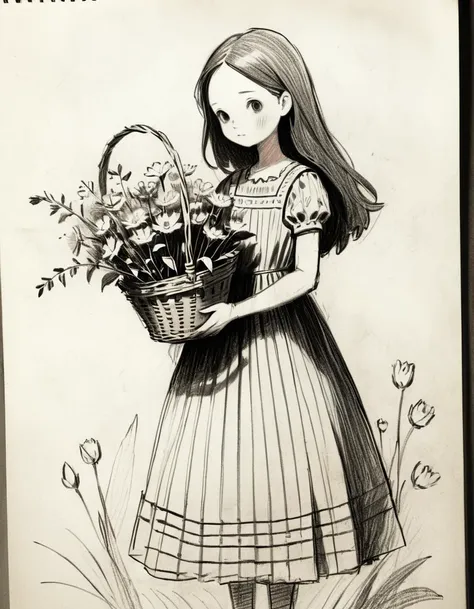 A girl in a dress holding a basket of flowers, pencil sketch, monochrome, <lora:DD-Drawing-XL:0.8> black and white drawing