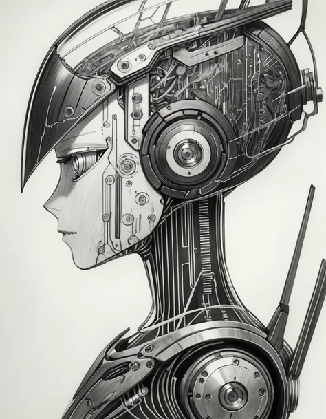 Portrait of a female android, mechanical limbs, circuits, visor, short hair, pencil sketch, monochrome, <lora:DD-Drawing-XL:1.3> black and white drawing