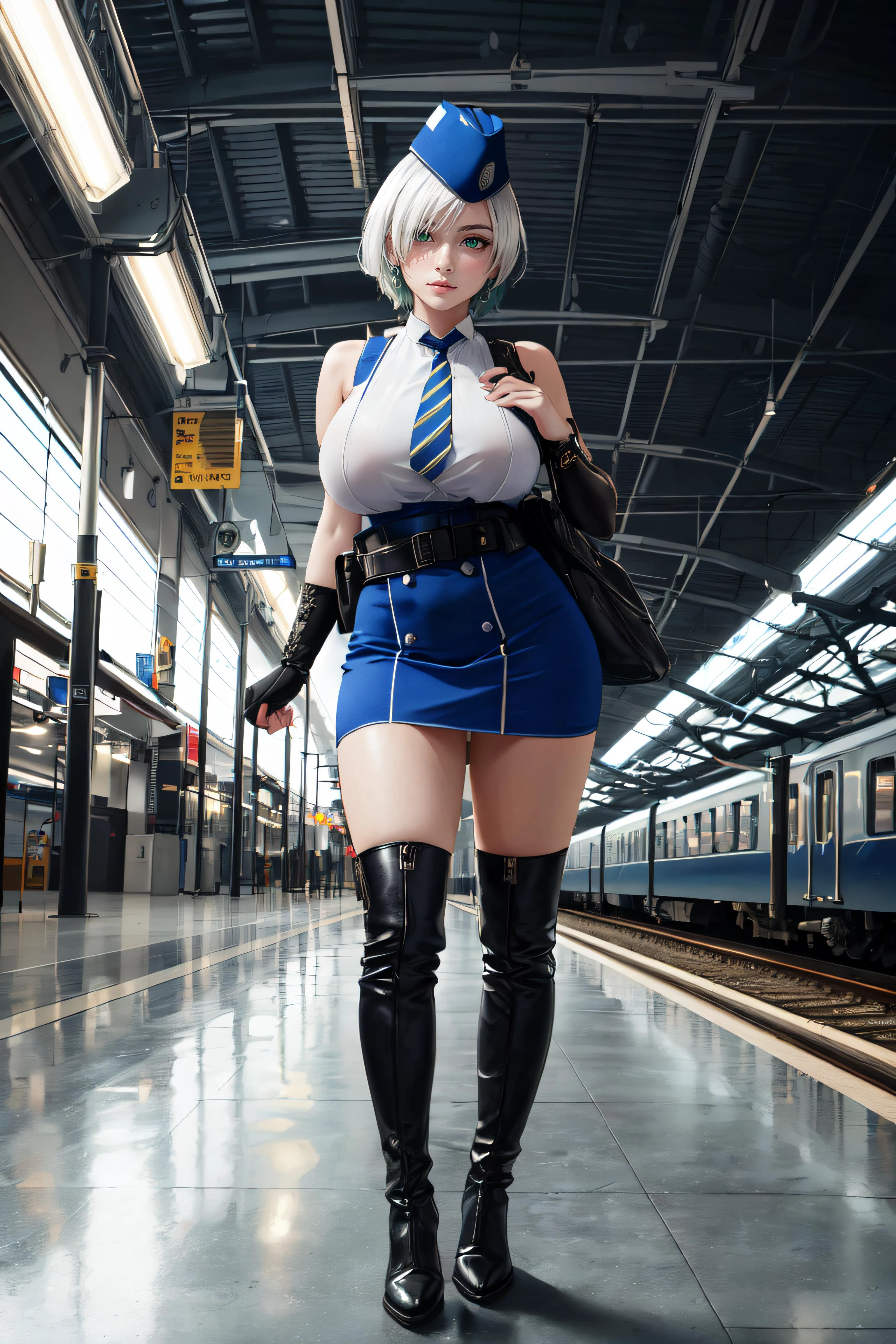 (masterpiece, best quality, ultra detailed, absurdres:1.5), 1girl, (sexy, beautiful woman, perfect face, perfect eyes, perfect female body, large breasts:1.5), (nikkebrid, white hair, low ponytail, hair over one eye, earrings, garrison cap, sleeveless shirt, long skirt, blue necktie, belt pouch, elbow gloves, high heel boots, <lora:nikke_brid_v1:0.8>), (standing, indoors, train station), perfect lighting, smooth, hdr