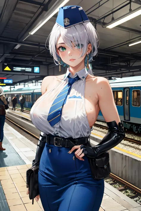 (masterpiece, best quality, ultra detailed, absurdres:1.5), 1girl, (sexy, beautiful woman, perfect face, perfect eyes, perfect female body, large breasts:1.5), (nikkebrid, white hair, low ponytail, hair over one eye, earrings, garrison cap, sleeveless shirt, long skirt, blue necktie, belt pouch, elbow gloves, high heel boots, <lora:nikke_brid_v1:0.8>), (standing, indoors, train station), perfect lighting, smooth, hdr