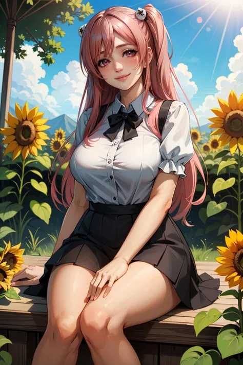 ((ultra detailed, masterpiece, best quality))
<lora:DOAHonoka:0.9>
DOAHonoka, 1girl, solo, pink hair, long hair, sitting in a sunflower field, smiling, sunlight