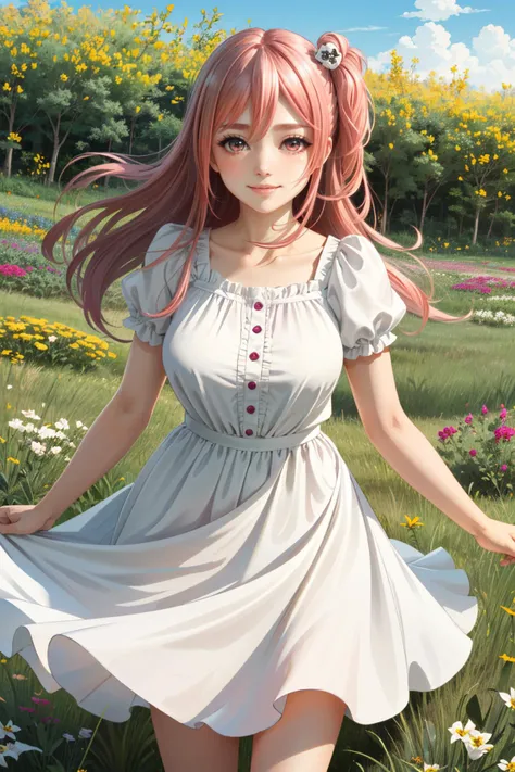 beautiful young woman, anime style, detailed face, red hair, red eyes, delicate features, soft lighting, wearing a summer dress, showing her thighs, standing in a park, vibrant greenery, clear blue sky, flowers in bloom, relaxed expression, dynamic pose, Japanese anime style, high quality, highly detailed, 8k resolution, cinematic lighting, best quality, vibrant colors, Instagrammable, aesthetic, trendy