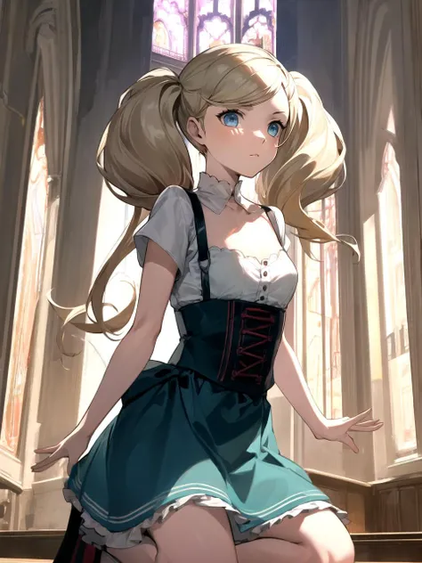 masterpiece, best quality, 1girl, solo, dsann, blonde hair, long hair, twintails, swept bangs, blue eyes, hairclip, dark turquoise dirndl, glasses, on one knee, Gothic Cathedral, grand vaulted ceilings, chanting choir, intricate mosaics, polished marble, ethereal energy
<lyco:dsann-v2_lc_768:1>