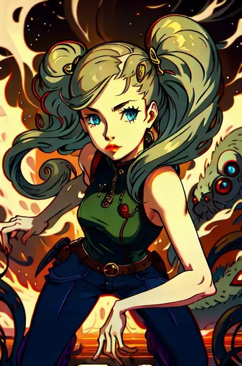 <lyco:dsann_lc_768:1.0> dsann, blonde hair, long hair, twintails, swept bangs, blue eyes, hairclip, armored anne is fighting a slug monster. <lyco:cthulhuTECH_r1_e15:1.0>