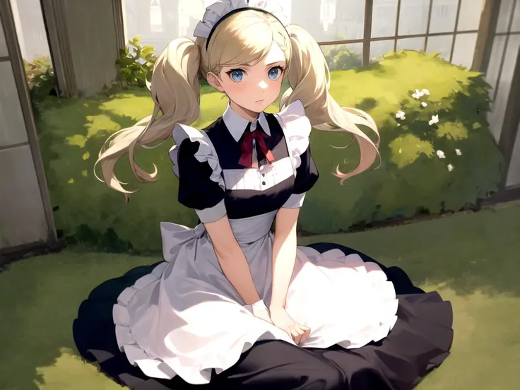 masterpiece, best quality, 1girl, solo, dsann, blonde hair, long hair, twintails, swept bangs, blue eyes, maid, maid headdress, maid apron, sitting, luxury manor, detailed background
<lyco:dsann-v2_lc_768:1>