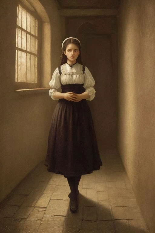 surreal oil painting, 19th century, (full body shot:1.2) of a beautiful young peasant woman, 18 yo, slightly parted lips, serious expression, smug, in a poor crude rustic (dark ancient room:1.2), dramatic lighting, intricately detailed, OverallDetail