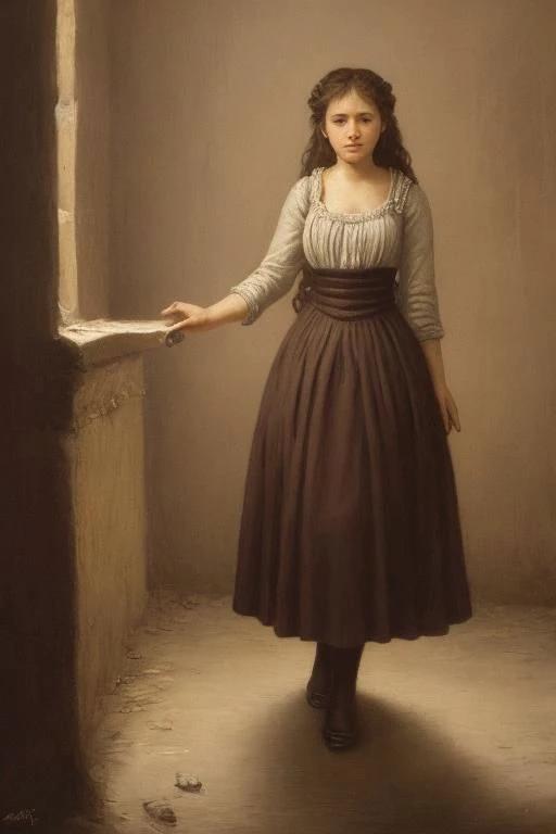 surreal oil painting, 19th century, (full body shot:1.2) of a beautiful young peasant woman, 18 yo, slightly parted lips, serious expression, smug, in a poor crude rustic (dark ancient room:1.2), dramatic lighting, intricately detailed, OverallDetail