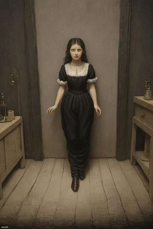 surrealistic oil painting by Dali and Ernst, 19th century, (full body shot:1.2) of a beautiful young peasant woman, 18 yo, slightly parted lips, serious expression, smug, in a poor crude rustic (dark ancient room:1.2), dramatic lighting, intricately detailed, intricatedetails, OverallDetail