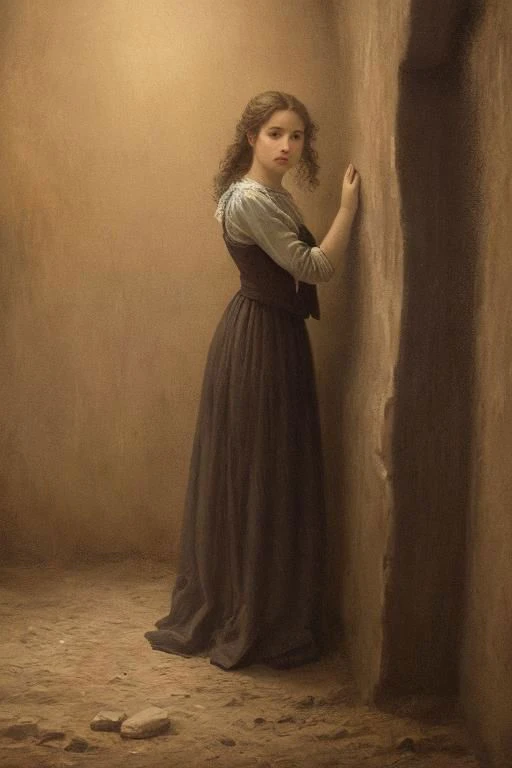 surreal oil painting, 19th century, (full body shot:1.2) of a beautiful young peasant woman, 18 yo, slightly parted lips, serious expression, smug, in a poor crude rustic (dark ancient room:1.2), dramatic lighting, intricately detailed, OverallDetail