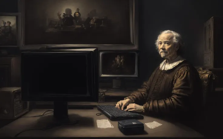 masterpiece,best quality, close-up, (in Rembrandt style:1.3), award winning oil painting, (detailed oily skin:1.2), (baroque:1.3), (old man sitting in front of computer screen looking very confused:1.3), screen, tv, monitor, desktop computer, sitting, confused, weird, <lora:epiNoiseoffset_v2-pynoise:1.4> <lora:add_detail:0.7> <lora:LowRA:0.3>, award winning oil painting, (detailed oily skin:1.2), (baroque:1.3)