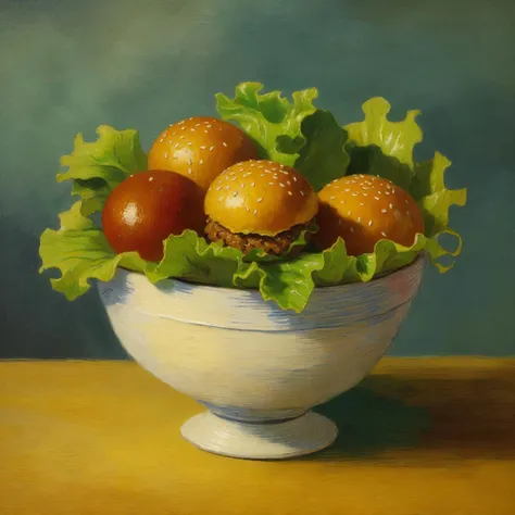 masterpiece,best quality, award winning oil painting, (detailed oily skin:1.2), (baroque:1.3), masterpiece, best quality, burger, food, food focus, no humans, tomato, blurry, still life, realistic, burger, cup, lettuce, fruit, onion, bowl, vegetable, cheese, (in van Gogh style:1.3), award winning oil painting,(baroque:1.3),