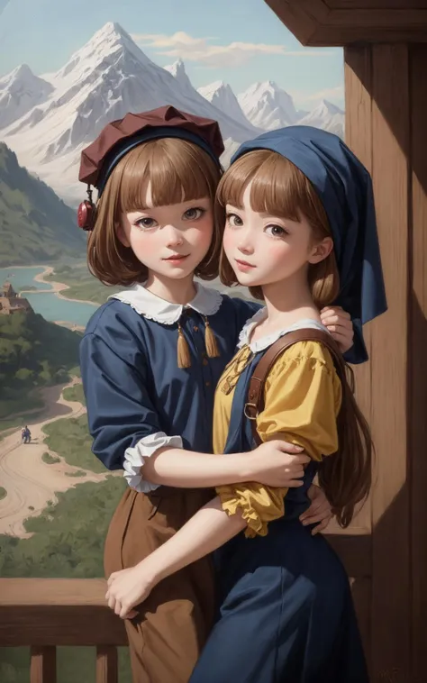 masterpiece,best quality, (in Vermeer style:1.3), award winning oil painting, (baroque:1.3), close-up of two girls hugging on an (enchanted:1.3) (magical:1.3) bridge, digital painting,2girls, dreamlike, face focus, intricate details, sharp focus, trending on artstation, art by lois van baarle and loish and ross tran and rossdraws and sam yang and samis arts and artgerm, fairy tales, pixar, disney, dreamworks style, surrounded by magic on a dreamlike mountain, rendered in intricate detail in a digital painting with sharp focus, inspired by fairy tales and animated movies from pixar, Disney, and dreamworks, and created by the talented artists lois van baarle, Loish, Ross Tran, Rossdraws, sam yang, samis arts, and artgerm, Trending on Artstation, this artwork is sure to capture hearts with its delightful charm, <lora:add_detail:0.4>, <lora:epiNoiseoffset_v2-pynoise:1.4>, 