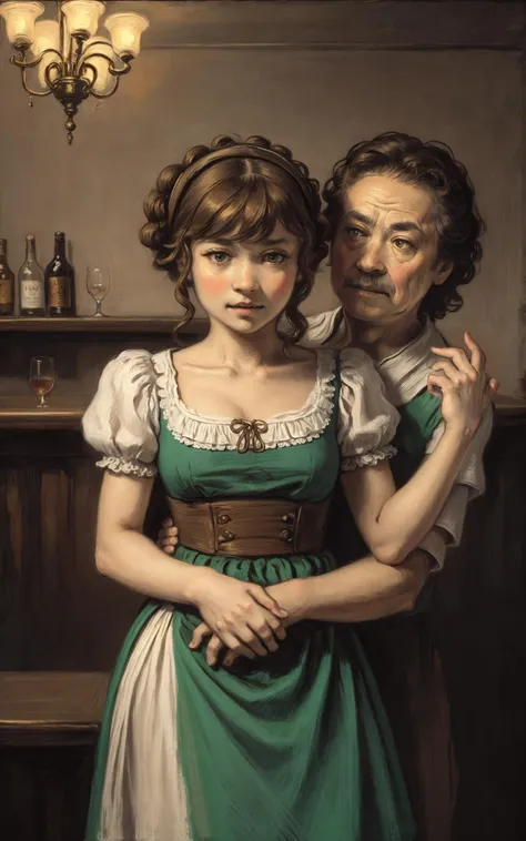 masterpiece,best quality, (in Rembrandt style:1.3), award winning oil painting, (baroque:1.3), barmaid getting fucked upright stradle by old man, hetero, 1boy, (upright straddle:1.3), 1girl, (brown hair), dark photo, (bar), delicate features, ponytail, face focus, bright blue-green eyes, (dirndl:1.4), fearexpression, afraid, frown, <lora:fearexpression-v2:0.7> <lora:upright straddle10:0.7> <lora:add_detail:0.4>, <lora:epiNoiseoffset_v2-pynoise:1.4>,