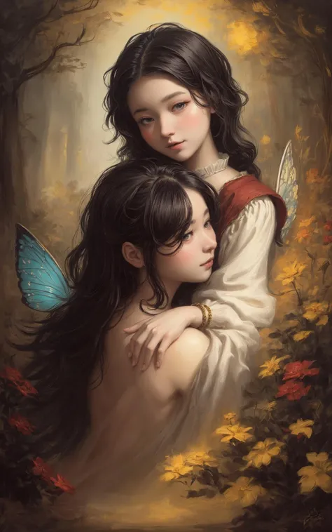 masterpiece,best quality, (in Rembrandt style:1.3), award winning oil painting, (baroque:1.3), close-up of two girls hugging on an (enchanted:1.3) (magical:1.3) bridge, digital painting,2girls, dreamlike, face focus, intricate details, sharp focus, trending on artstation, art by lois van baarle and loish and ross tran and rossdraws and sam yang and samis arts and artgerm, fairy tales, pixar, disney, dreamworks style, surrounded by magic on a dreamlike mountain, rendered in intricate detail in a digital painting with sharp focus, inspired by fairy tales and animated s from pixar, Disney, and dreamworks, and created by the talented artists lois van baarle, Loish, Ross Tran, Rossdraws, sam yang, samis arts, and artgerm, Trending on Artstation, this artwork is sure to capture hearts with its delightful charm, <lora:add_detail:0.4>, <lora:epiNoiseoffset_v2-pynoise:1.4>,