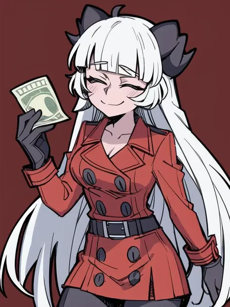 masterpiece:1.2, best quality,
Composition: <lora:LR_Style_Vanripperart:0.9>,
Camera: cowboy shot:1.2,
Behavior: facing viewer, looking at viewer, standing, (^_^, closed mouth:1.35), holding money,
Appearance: (1girl, solo:1.2), <lora:LR_Character_Baphomet (Helltaker):0.85:CHARACTER_DE_STYLE>, baphomet, mature female, ((closed eyes:1.25)) (large breasts, collarbone:1.2),
Hair: (white hair, very long hair, blunt bangs:1.1),
Clothing: ((red coat:1.35, double-breasted:1.1, buttons:1.2, long sleeves, black belt:1.1, black gloves:1.35, red dress)), (black pantyhose, knee boots:1.2, high heel boots:1.1, cross-laced footwear),
Accessories: ((black demon horns:1.35)),
Location: ((simple background, red background:1.35)),