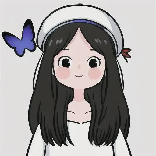 masterpiece, best quality,4k,8k,highres,ultra-detailed, 1girl, smile, black long hair, white_background, cute, dress, looking_at_viewer, hat, black eyes, blue_butterfly,<lora:head:0.8>